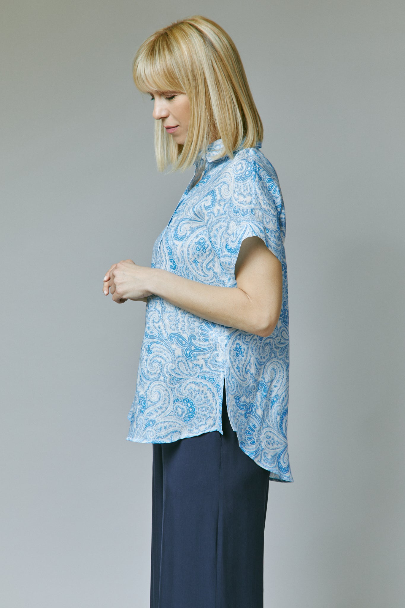 Kurzarmbluse Leinen | blau