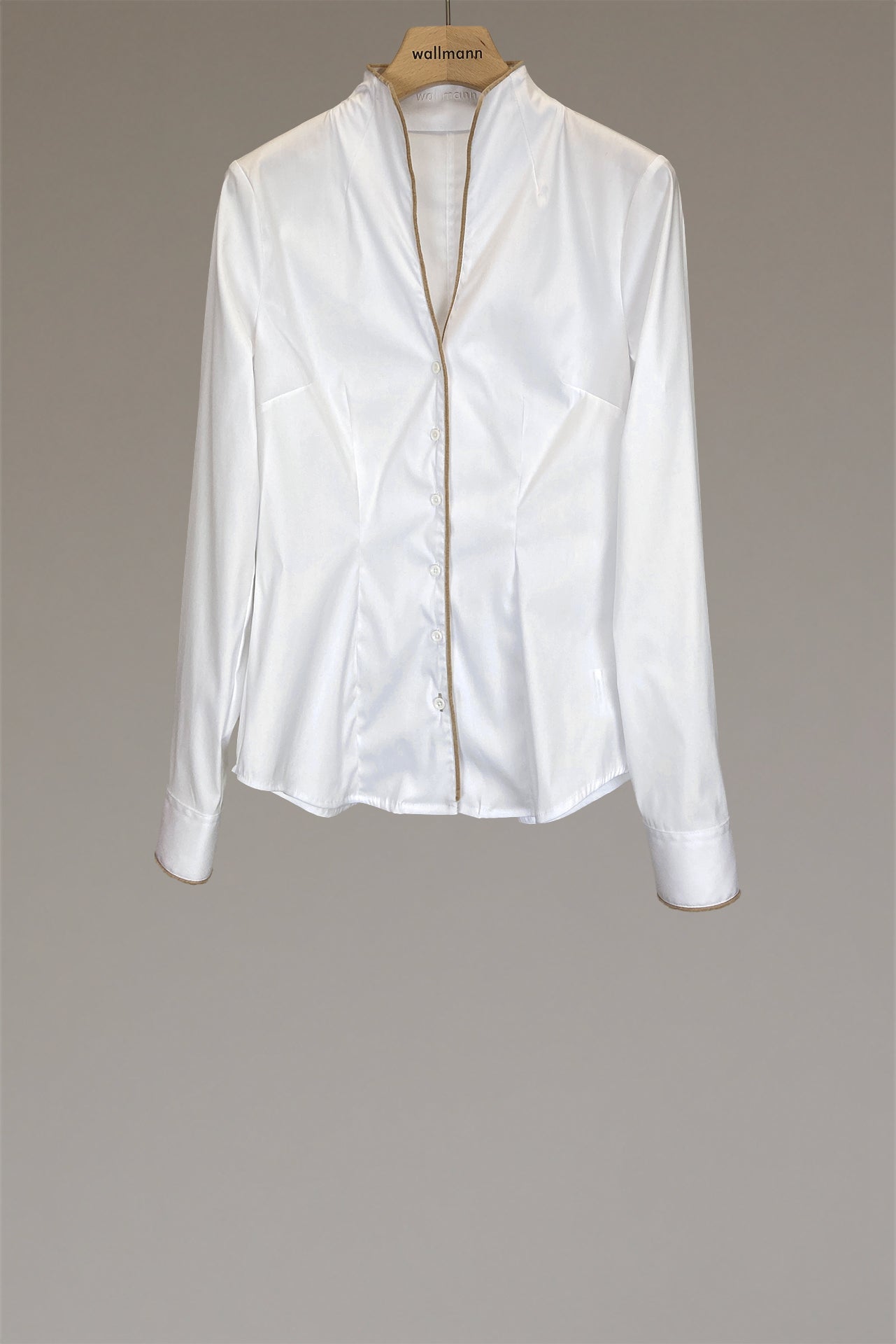 schwanenhalsbluse mit samtpaspol in beige, angenehme baumwoll-stretch qualität, tailliert, wallmann