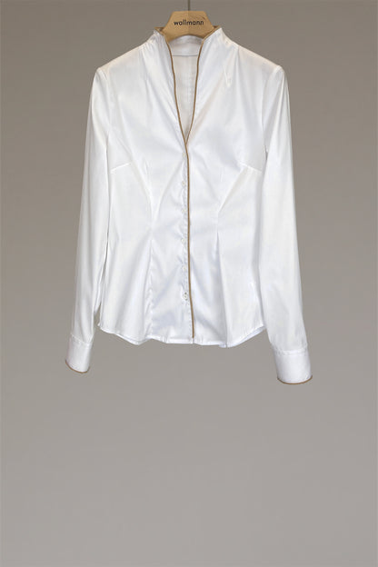 schwanenhalsbluse mit samtpaspol in beige, angenehme baumwoll-stretch qualität, tailliert, wallmann
