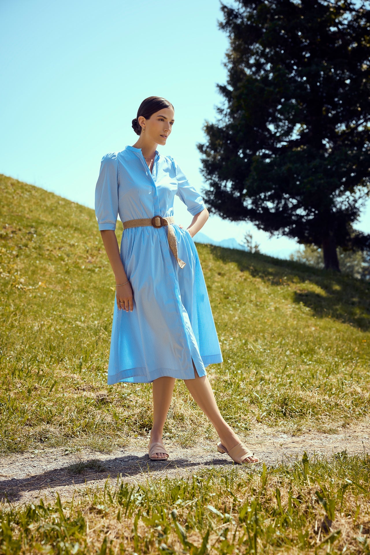 Hellblaues Kleid aus angenehmer Baumwoll-Stretch Qualität, Stehkragen, Knopfleiste vorne, Ellbogenlanger Ärmel gezügelt an Schulter mit kurzer Manschette, gezügelt in Taille, Wallmann Sommerkollektion