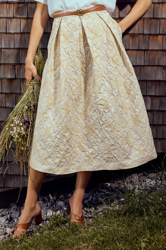 Midilanger Rock in beige mit Blumen in beige, Bündchen an Taille, Kellerfalten, ausgestellt, Wallmann Sommerkollektion