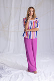 bunte streifenbluse mit eckigem ausschnitt mit raffungen und besatz, gerade geschnitten, kurzarm mit buendchen, lookbook, wallmann