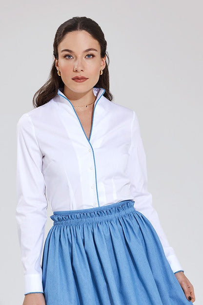 schwanenhalsbluse mit samtpaspol in beige, angenehme baumwoll-stretch qualität, tailliert, wallmann