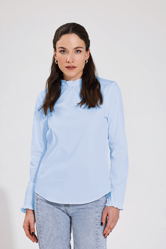 gerade, leger geschnittene bluse mit rueschendetail an halsauschnitt und aermelsaum, langarm,  lookbook, wallmann