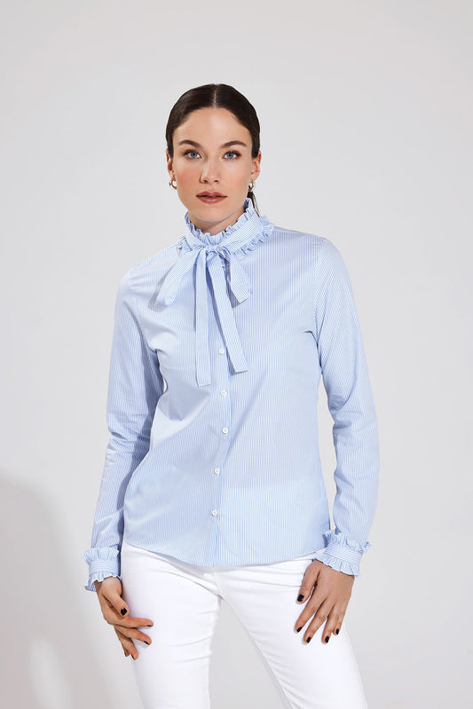 Bluse mit Stehkragen mit Rüschendetail | blau