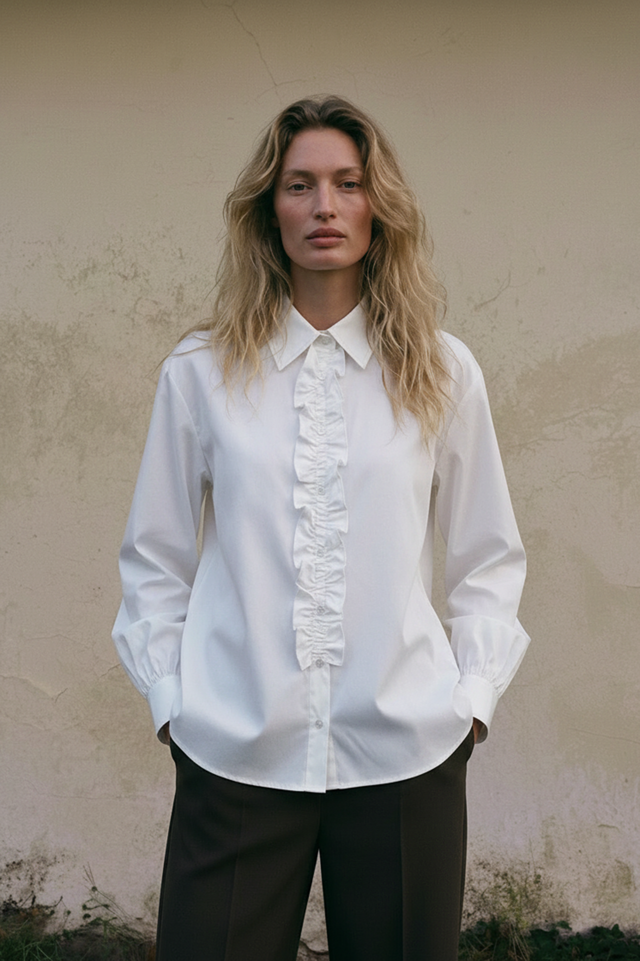 Bluse in weiß mit Rüschenbesatz an der Knopfleiste