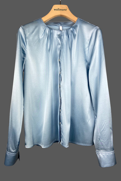 leger geschnittene seidenbluse, faltendetail an hals, blau, wallmann