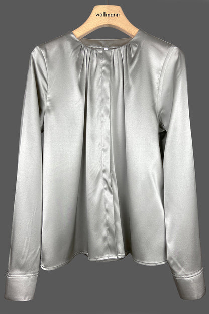 leger geschnittene seidenbluse, faltendetail an hals, grau, wallmann