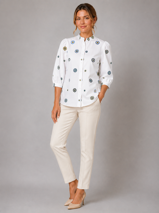 Bluse 3/4-Arm mit Blumenstickerei| 30 blau