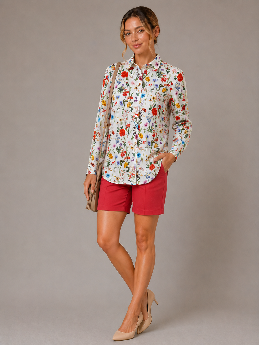 Taillierte Leinenbluse in Blumendruck | bunt