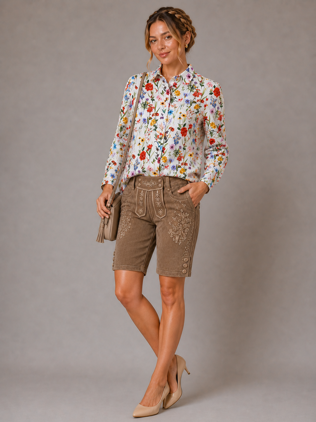 Taillierte Leinenbluse in Blumendruck | bunt