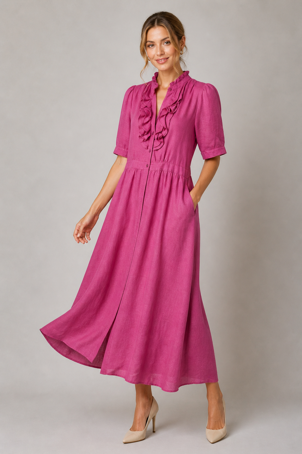 Leinenkleid mit Volant im Vorderteil | 22 beere